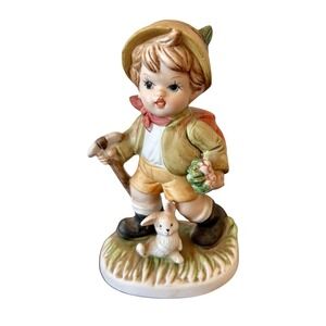 Vintage Ceramic Boy Walking/Hiking With a Rabbit Figurine‎ 4 3/4" Tall
